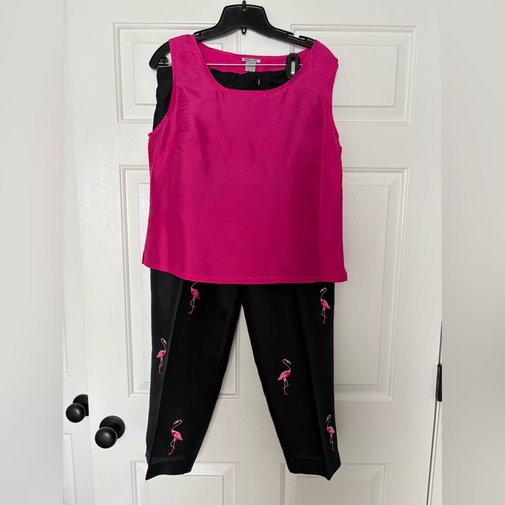 Vintage Pink and Black Flamingo Women's pants and top. Silk.
